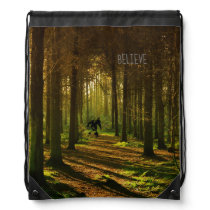 Bigfoot Tennis Player With Text in the Forest Drawstring Bag