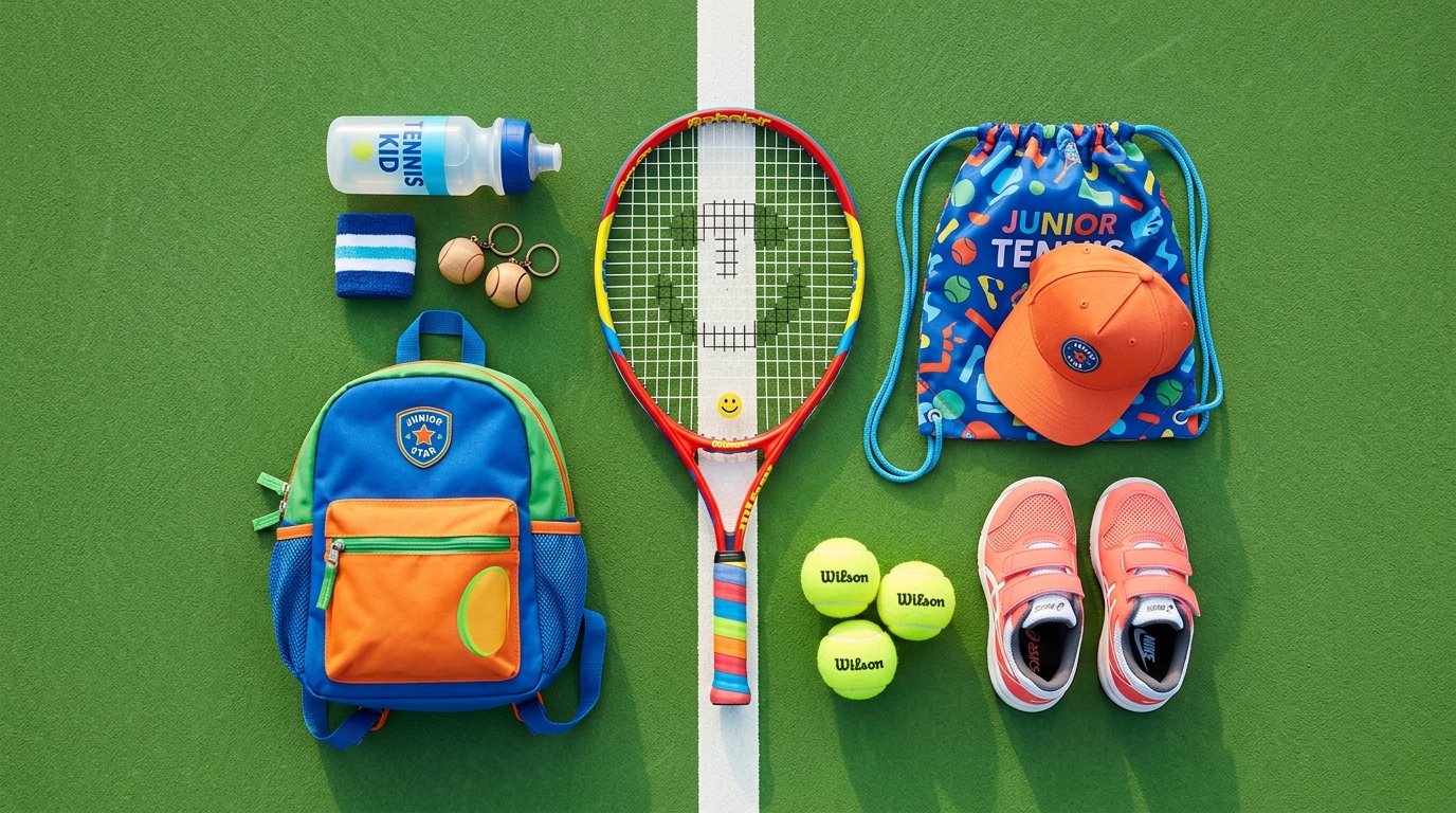 Happy child holding a colorful kids tennis racket on a bright court surrounded by tennis gift items
